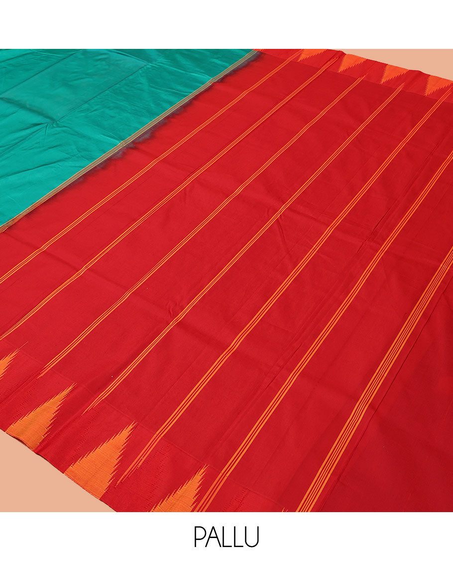 Green Plain Bangalore Silk Saree, Complemented by a Contrast Temple Border, Pallu of Stripes, and a Contrast Blouse