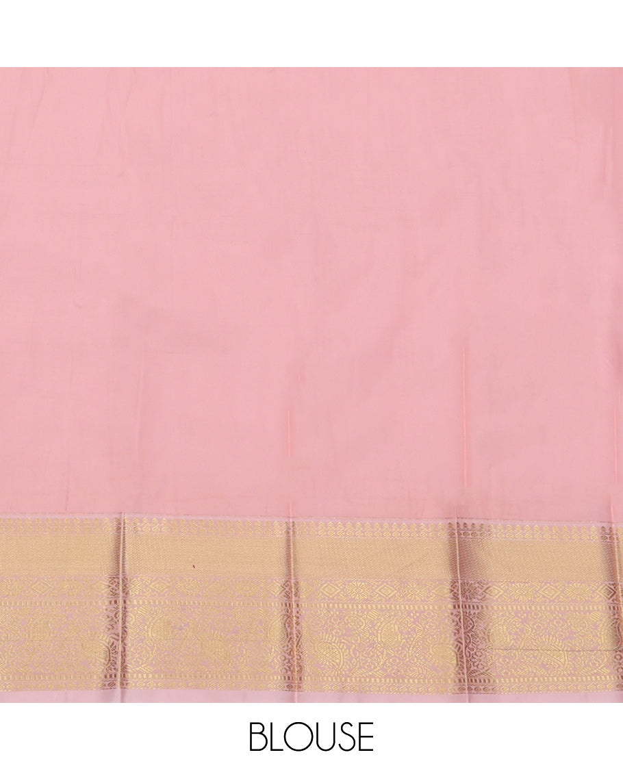 Pink Budget Silk Saree, Mesmerized with Zari Buttas and Stripes, Complemented by Contrast Traditional Zari Border, Grand Pallu, and a Contrast Blouse