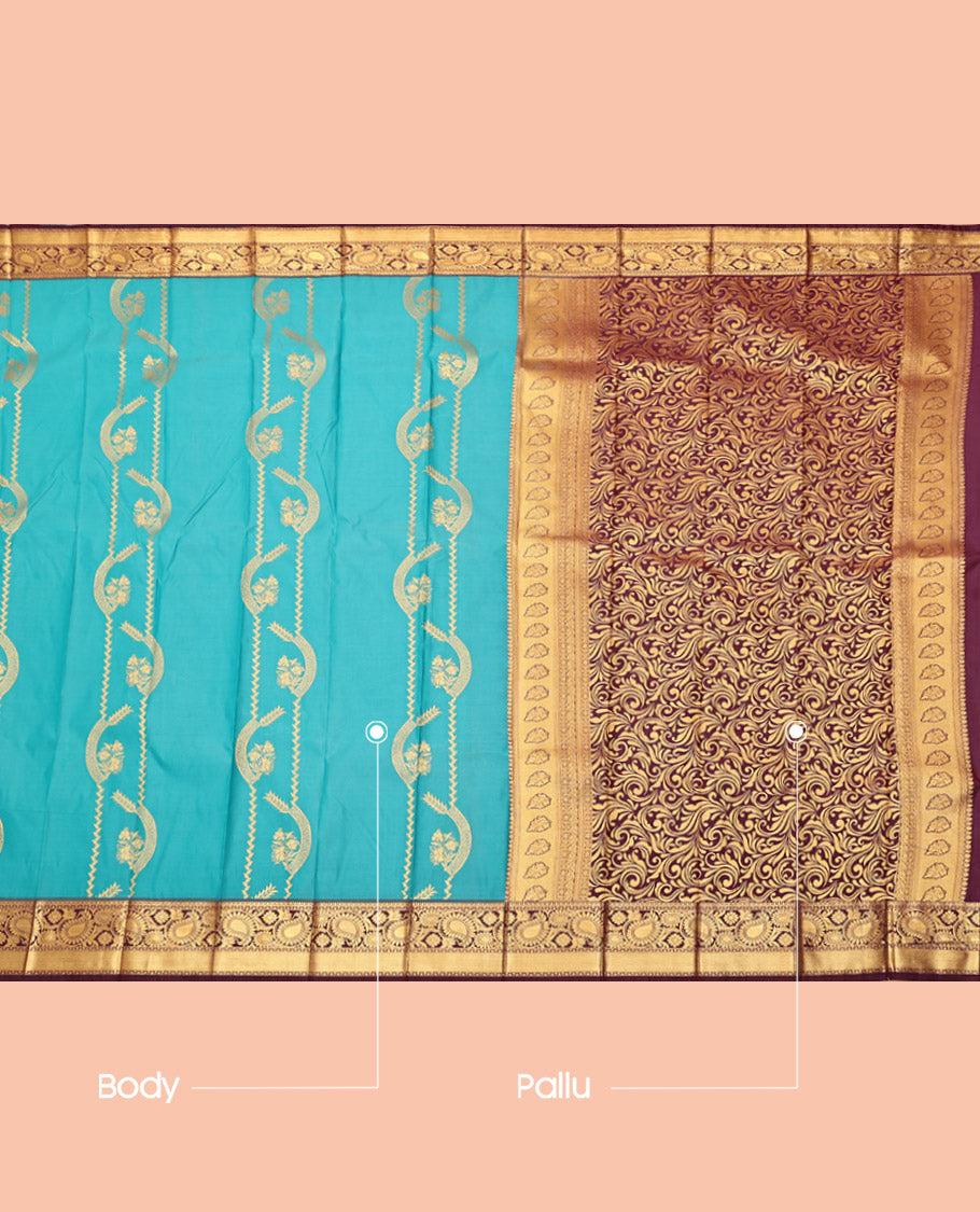 Blue Budget Silk Saree, Ornamented with Zari Designs, Complemented by a Contrast Traditional Zari Border, Intricate Pallu, and a Contrast Blouse