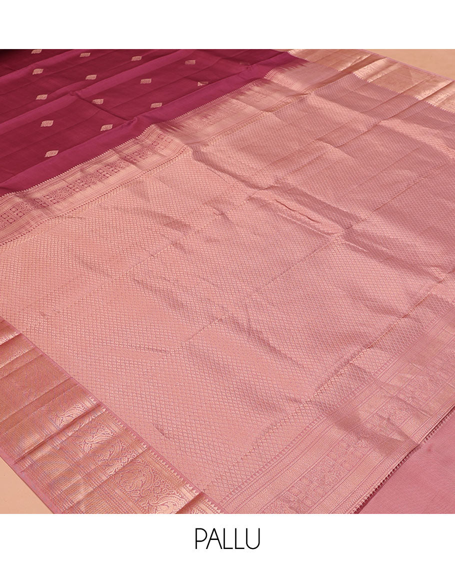 Light Maroon Vasundhara Silk Saree, Woven with Zari Buttas All Over Its Body, Complemented by a Contrast Border of Rekku, Muthu, Kili, Banaras, Neli, and Mayil Kann Designs, Grand Pallu, and Paired with a Contrast Blouse