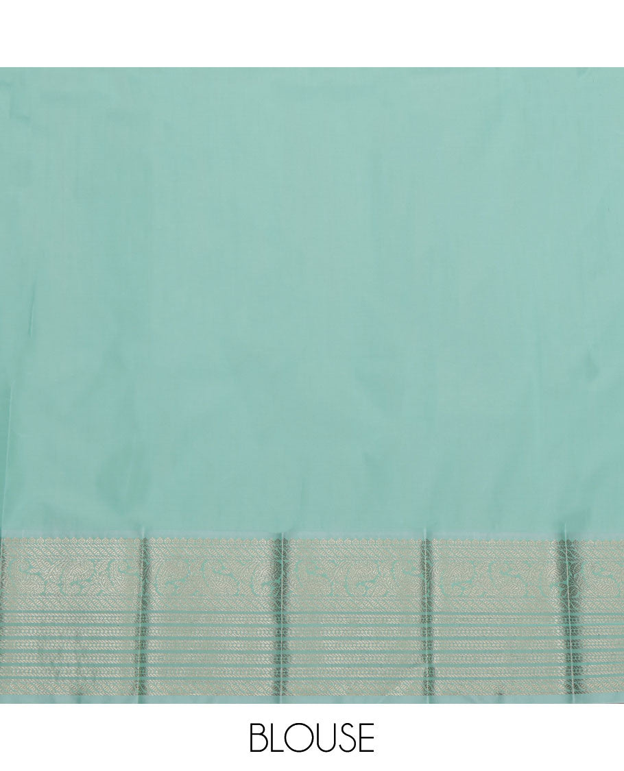 Green Budget Silk Saree, Richly Detailed with Zari Buttas All Over Its Body, Complemented by a Contrast Traditional Zari Design Border of Paisleys, Sparsely Woven Pallu of Jaal Designs, and Paired with a Contrast Blouse