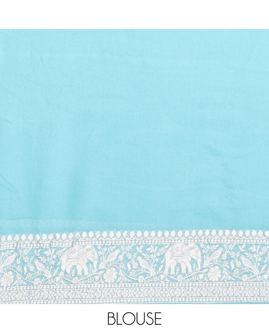 Blue floral jaal, animal design banaras silk saree with self zari design & forest theme pallu