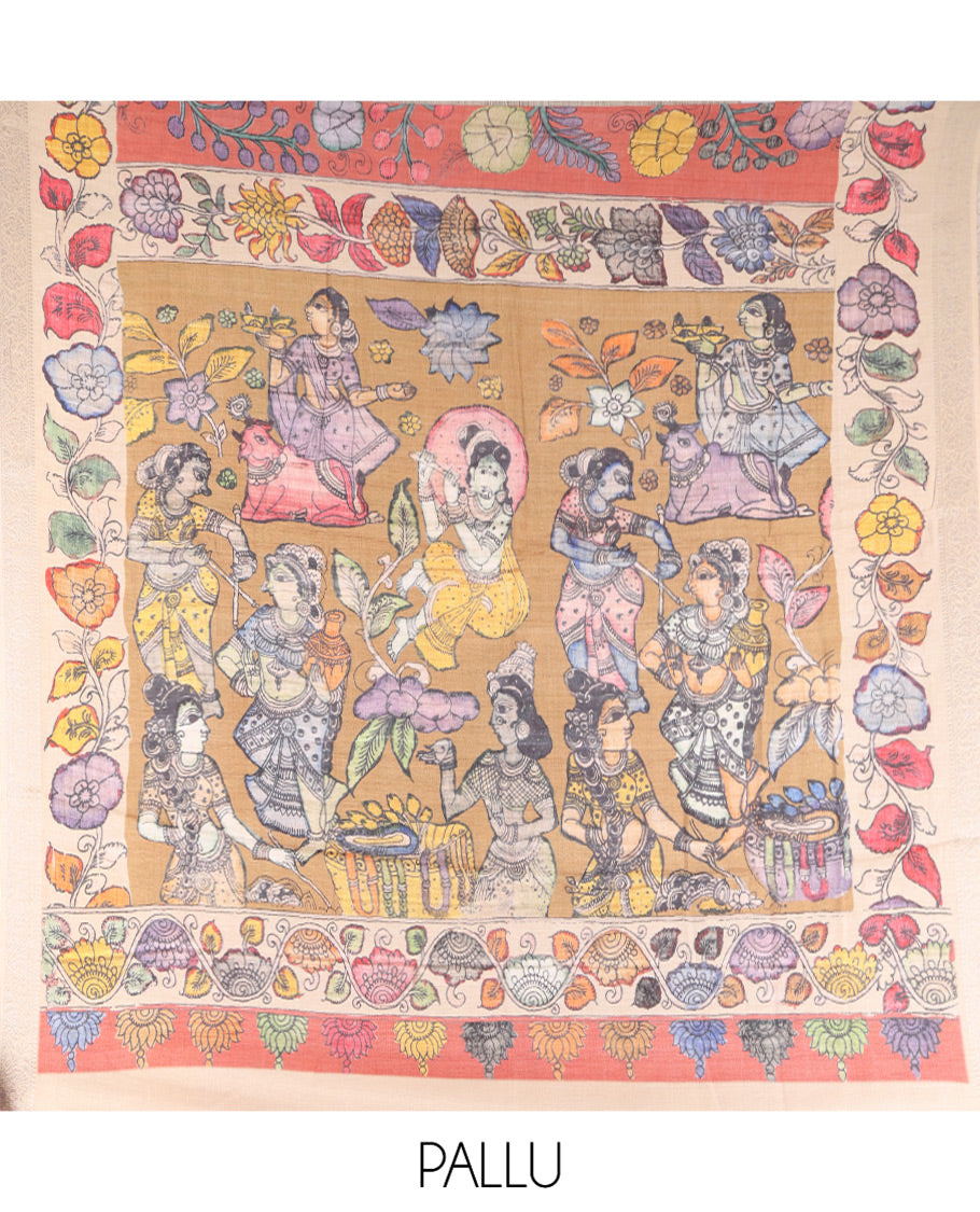 Dark Peach Kalamkari Printed Fancy Tussar Saree