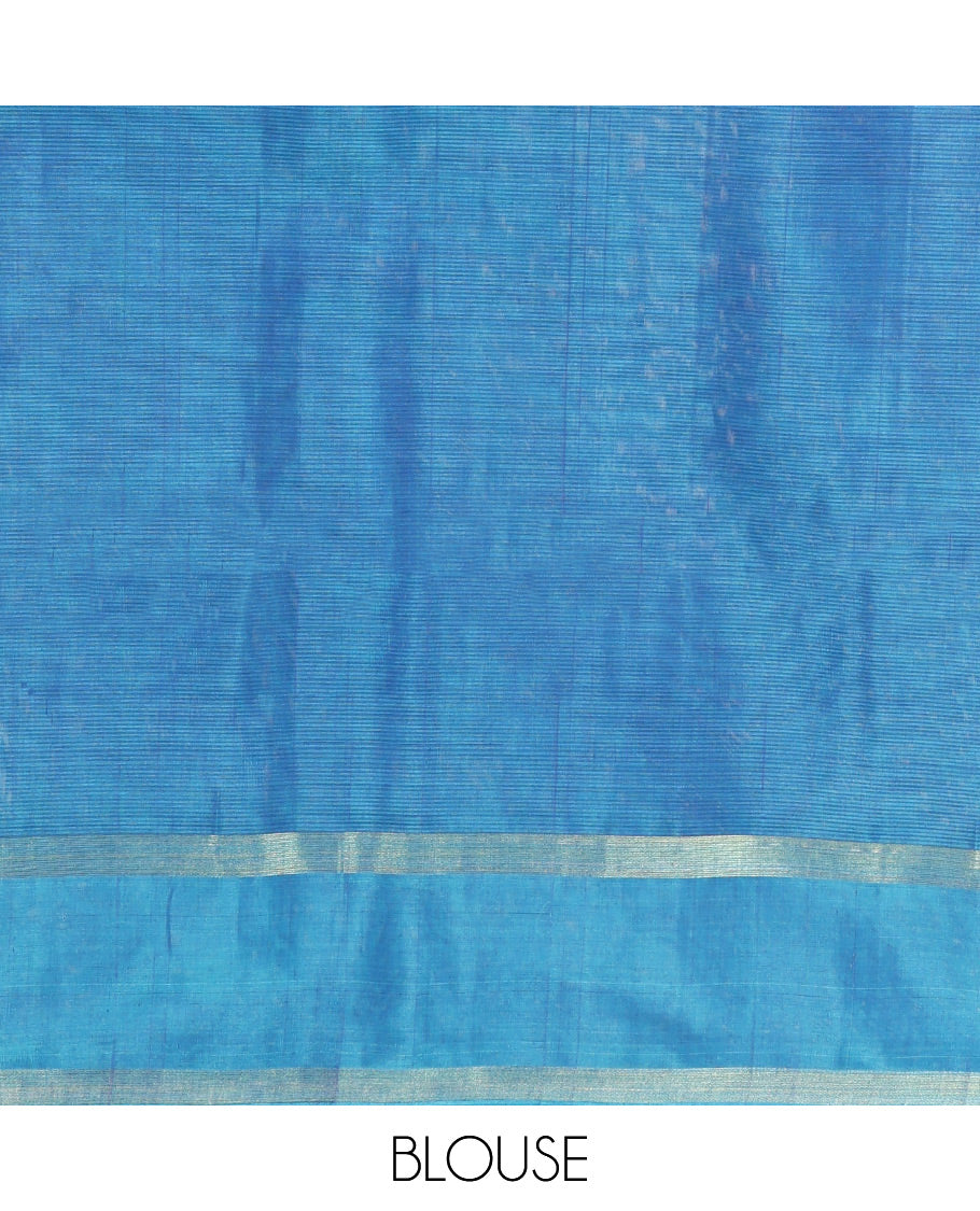 Blue Silk Cotton Saree, Artfully Woven with Peacock and Rudraksham Motifs On Its Body, Complemented by Contrast Zari Motifs Woven Border, Geometric Zari Patterned Pallu and Paired with a Contrast Blouse