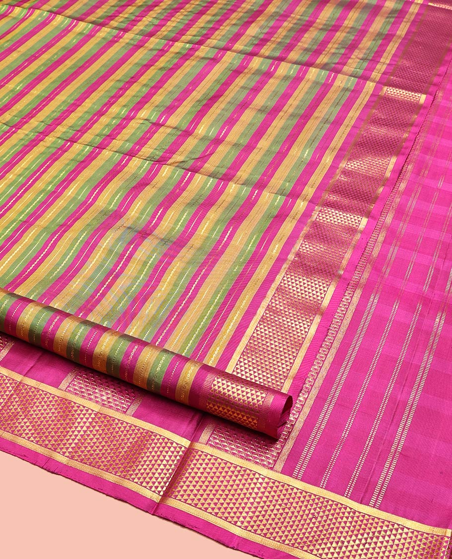 Multi-Color Nine-Yard Silk Saree, Steeped in Richness of Stripes and Zari Designs, Zari Border of Ara Maadam Designs, Pallu of Ara Maadam Designs, and Contrast Blouse