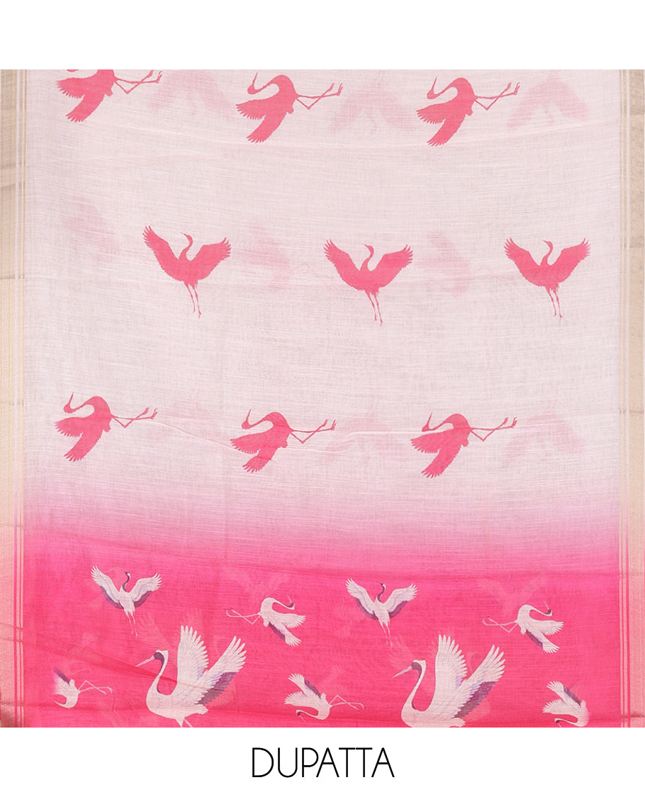Pink Semi-Linen Material Churidar, Adorned with Heron Motifs Top, a Plain Santoon Bottom, a Contrast Heron Dupatta