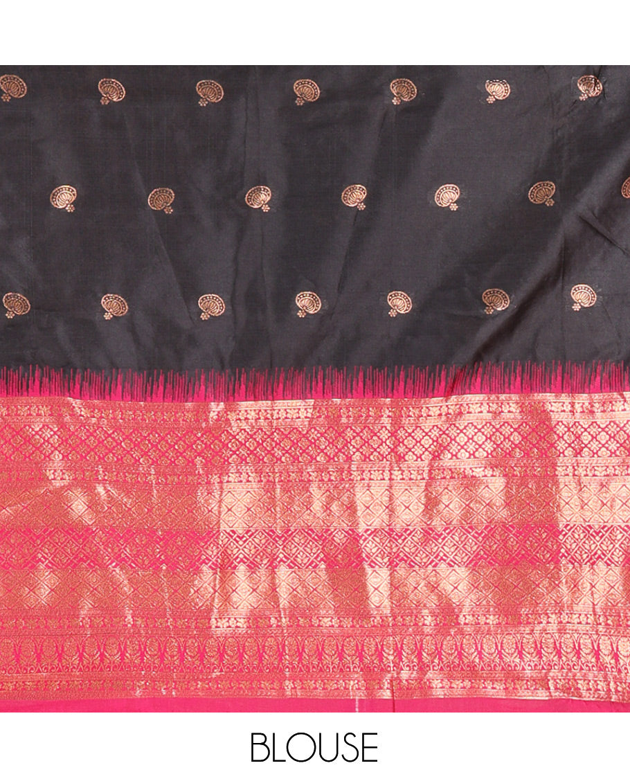 Black-Magenta Semi-Silk Half-Saree Features Zari Buttas Skirt, Contrast Traditional Zari Border, a Matching Blouse, a Contrast Blouse