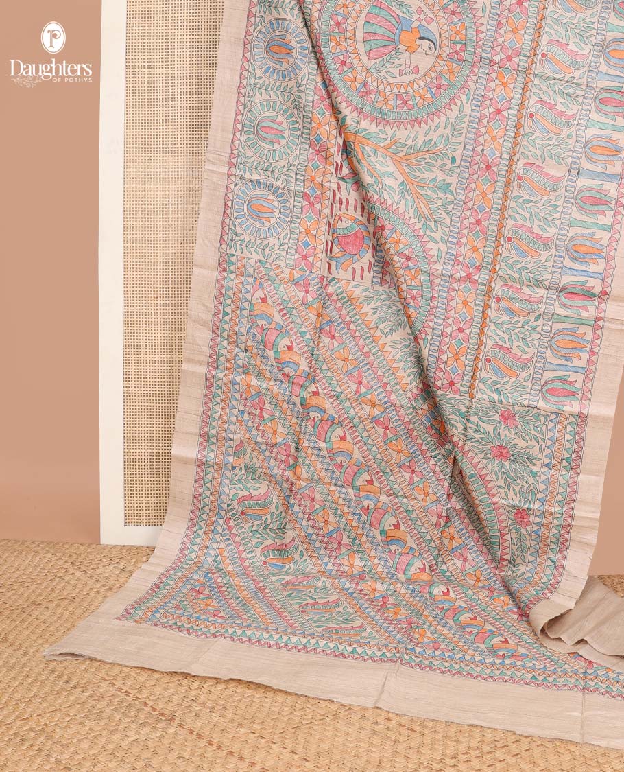 Cream all-over madhubani style design tussar saree with self plain border