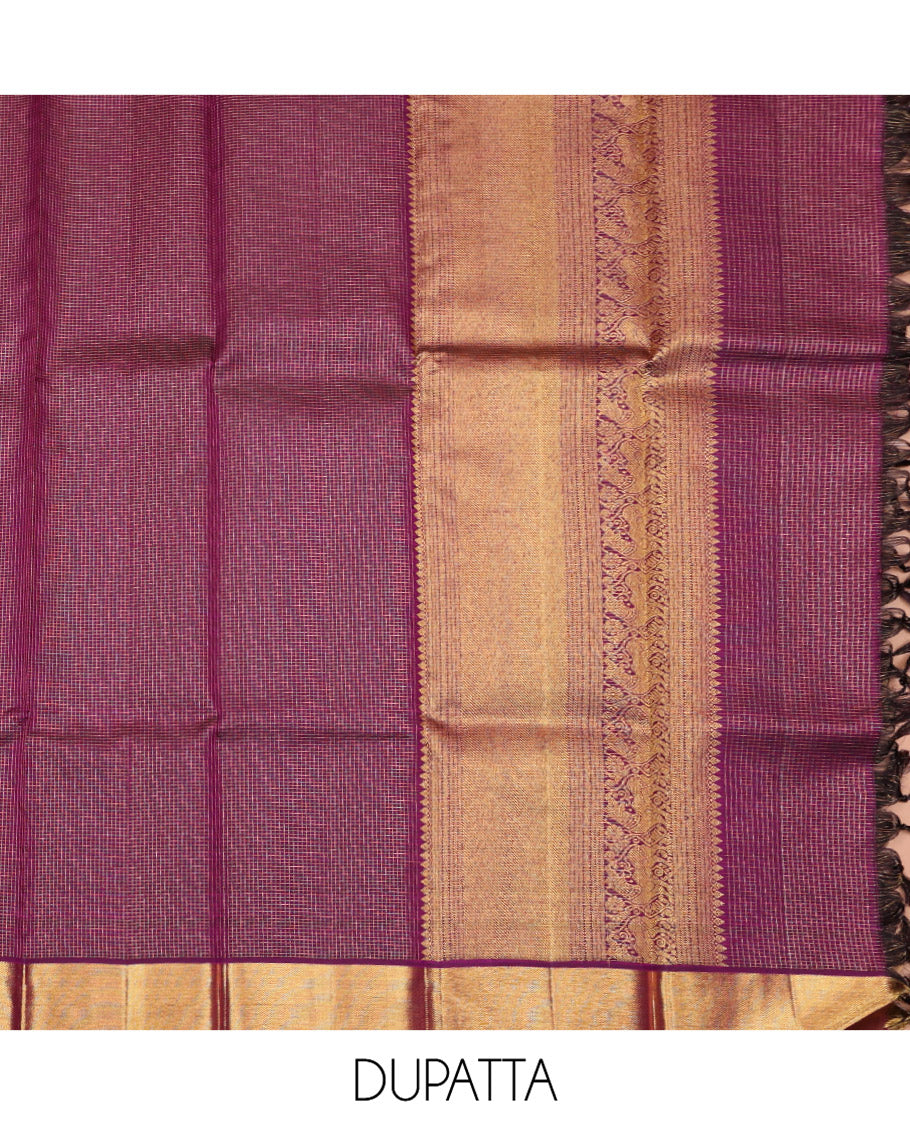 Yellow Pure Silk Half-Saree, Subtly Sparkled with Jacquard Design on Its Skirt, Complemented by a Contrast Zari Design Border, Comes with a Contrast Blouse and a Dhavani of Intricate Zari Weave