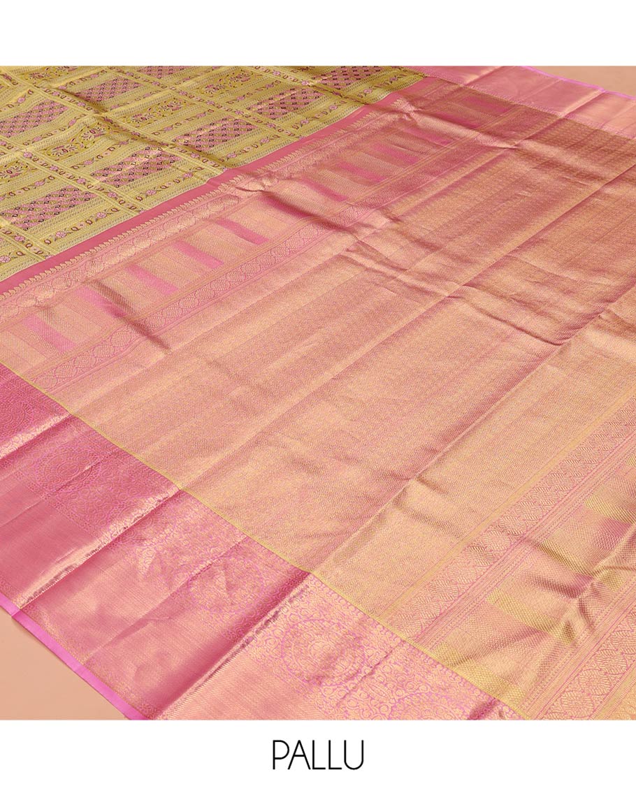 Yellow Kanchipuram Tissue Silk Saree, Finely Crafted with Meenakari Jacquard Designs on Its Body, Complemented by a Contrast Zari Border of Chakram Designs, Intricately Designed Pallu, and Paired with a Contrast Blouse