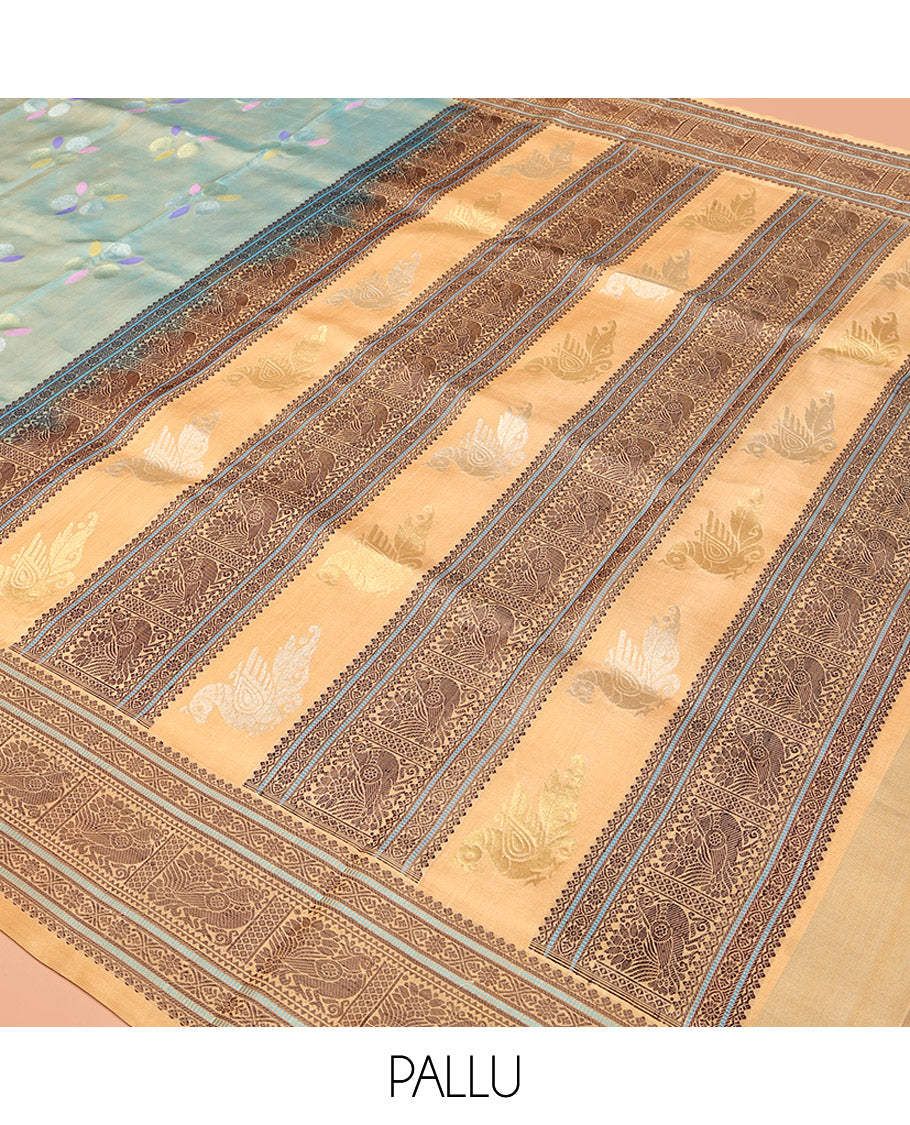 Blue Venkatagiri Silk Saree, Featuring Meena Buttas All Over Its Body, Complemented by a Contrast Traditional Motifs Woven Border, Pallu of Peacock Designs, and Paired with a Contrast Blouse