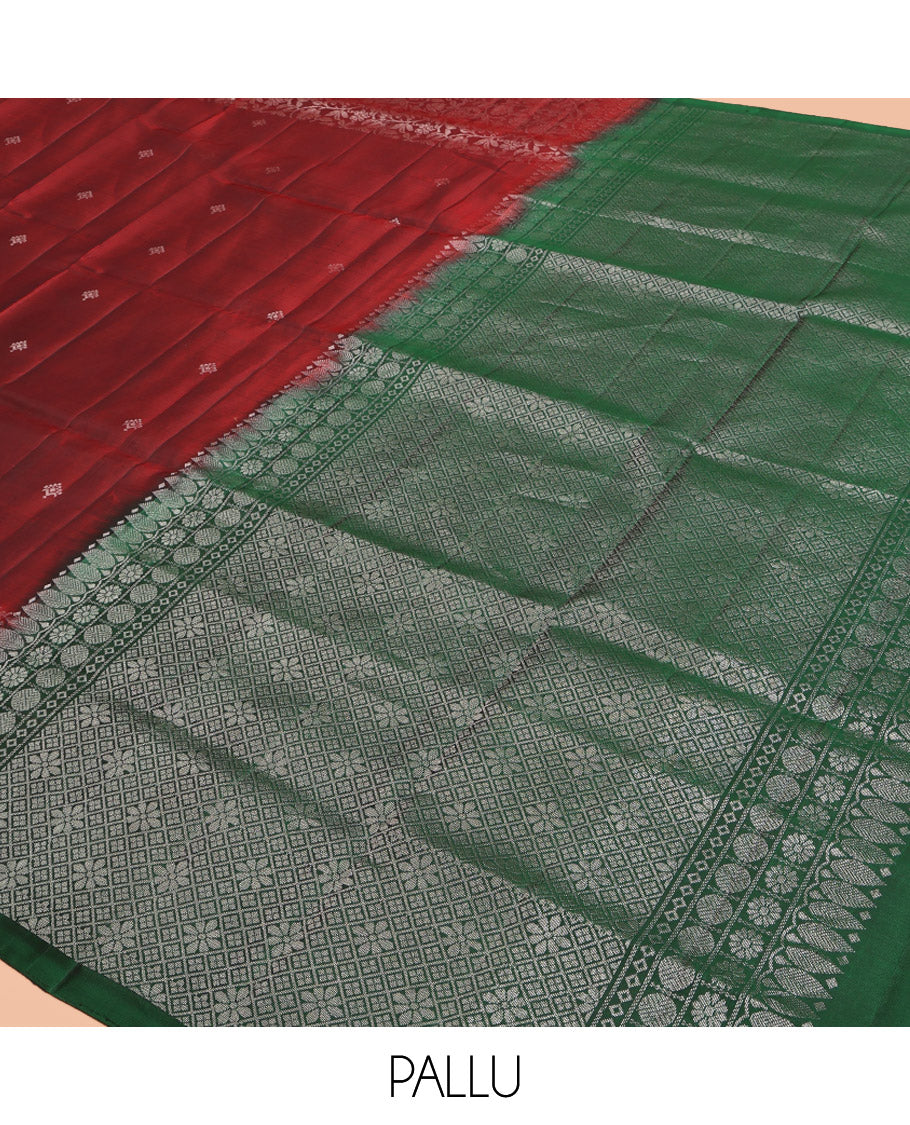 Red Mayuri Lite Silk Mix Saree, Detailed with Buttas, Highlighted by Floral Jaal Border, Contrast Jaal Pallu, and a Contrast Blouse
