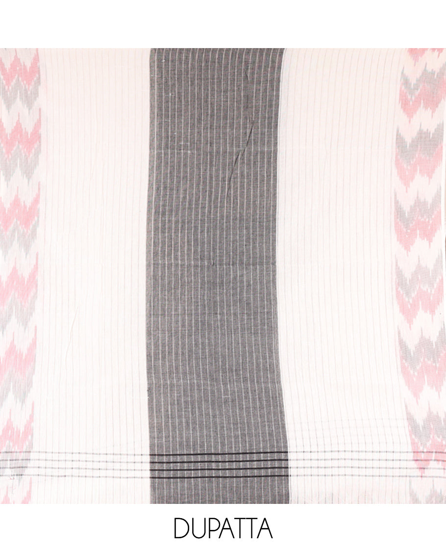 Black-Grey Handloom Cotton Material Chudidar Set, Finely Crafted with Stripes Top, Contrast Striped Bottom, and an Ikat Dupatta