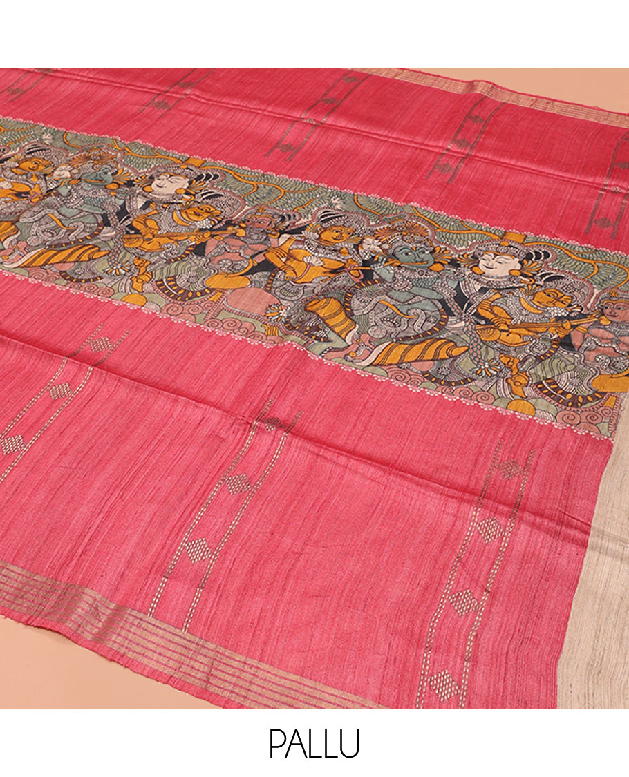 Pink Tussar Silk Saree, Boldly Accentuated with Kalamkari Human Figurines Print, Self-Border, Printed Pallu, and a Contrast-Printed Blouse