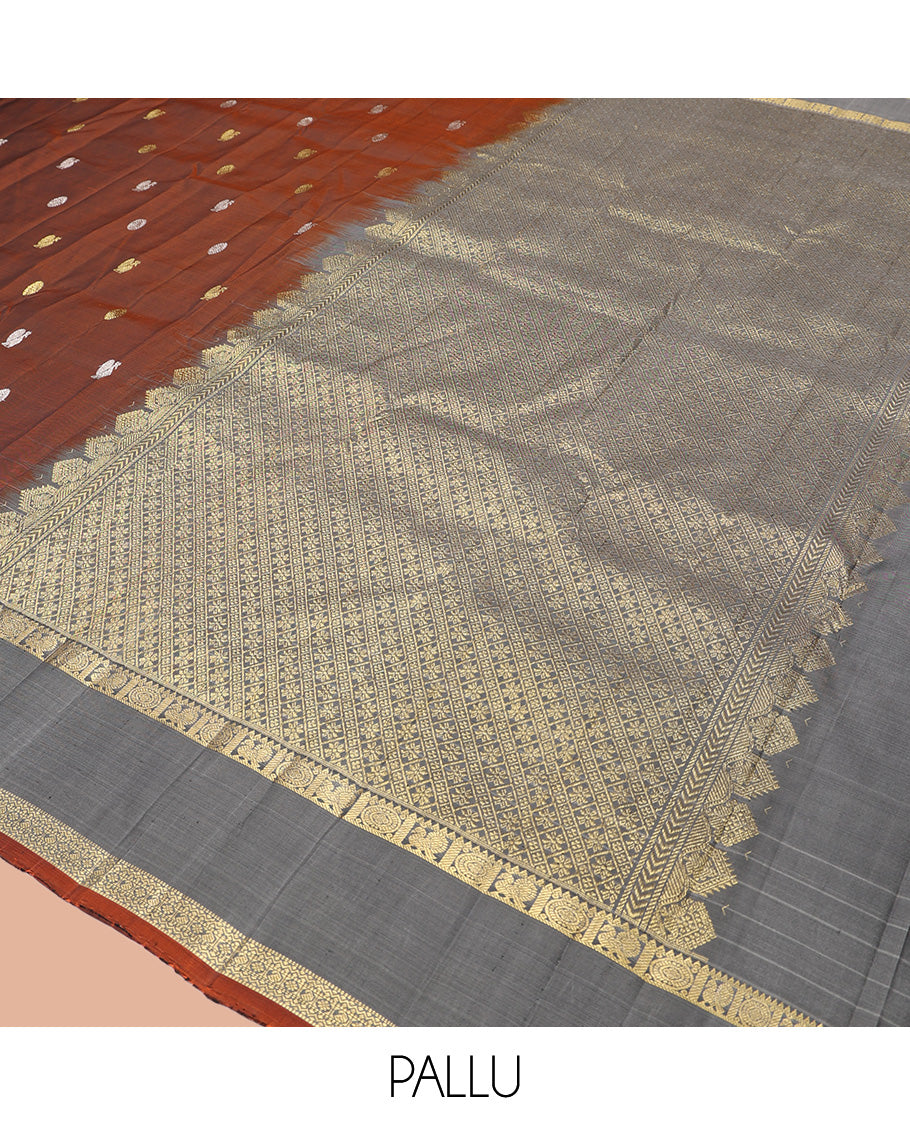 Brown Kanchipuram Silk Saree, Artfully Detailed with Mayil-Chakram Buttas, a Contrast Rettai Pettu Border of Mayil and Chakram Designs, Jaal Pallu, and a Contrast Blouse