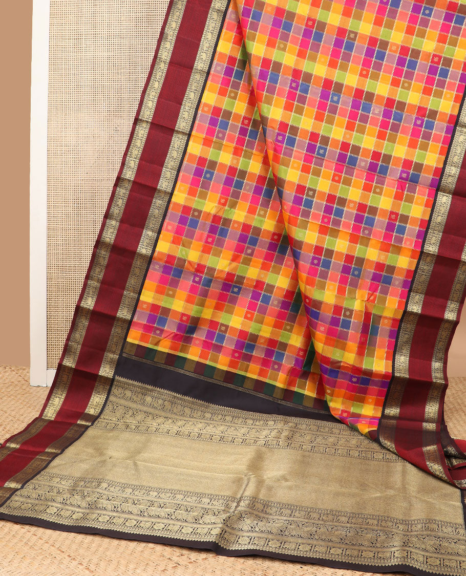 Multi-color checked kancheepuram silk saree with contrast rettai pettu border of thilakam mokku, muthu, manga, yaani, mayil design & zari design pallu '