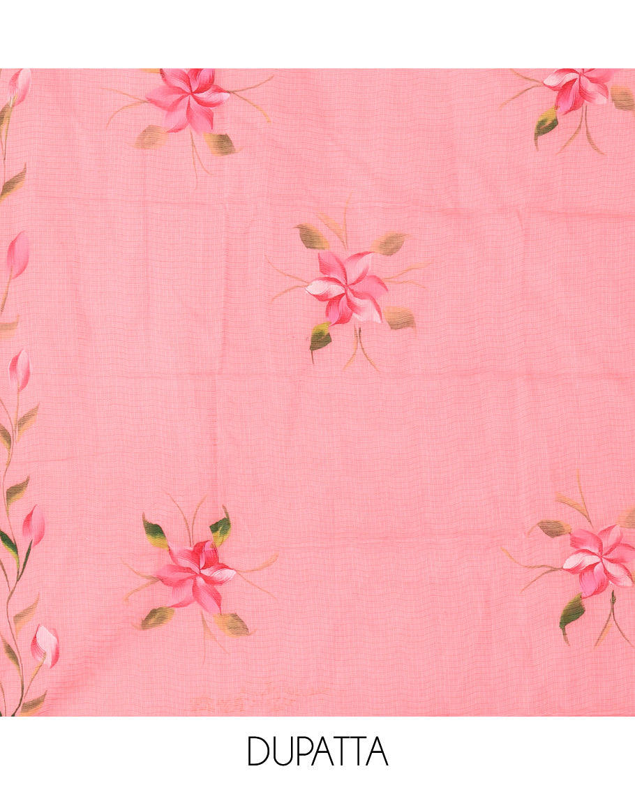 Pink Net Kota Material Churidar, Hand-Brush Painting Floral Top, a Plain Bottom, Floral Dupatta