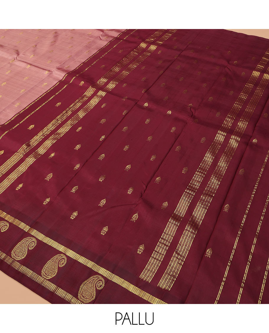 Pale Brown Kanchipuram Silk Saree, Woven with Zari Buttas, Complemented by a Contrast One-Sided Thazampoo Rekku Border of Manga Designs, Zari Woven Pallu, and a No Blouse