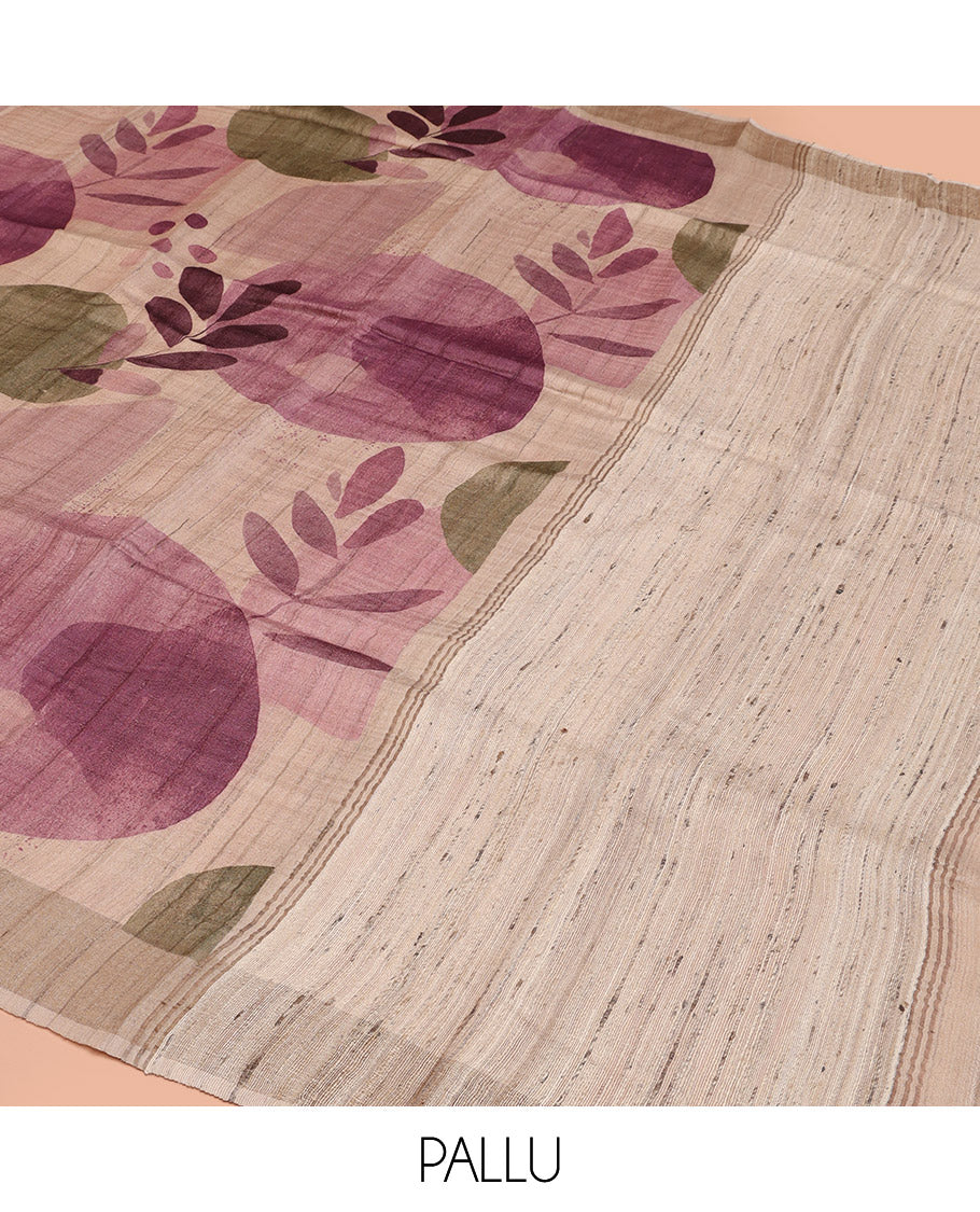 Sandal Tussar Silk Saree, Bedecked with Floral and Circle Motifs Print on Its Body, a Subtle Border, Heathered Pallu, and Paired with a Matching Blouse