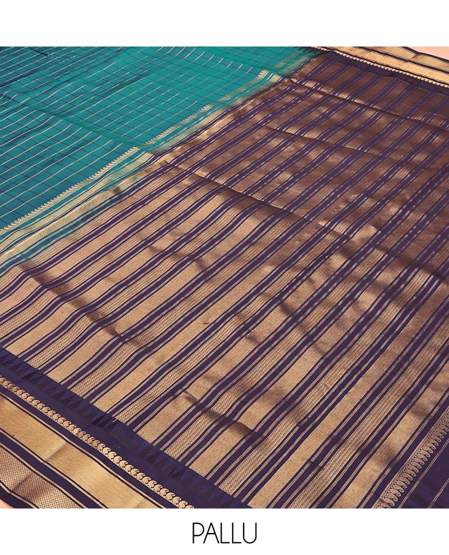 Mayil Color and Navy Blue Vasundhara Lite Silk Mix Saree, Graced with Checked Design All Over Its Body, Complemented by a Contrast Thazampoo Rekku Border of Manga Mokku, Muthu, and Mayil Kann Designs, Grand Pallu, and Paired with a Contrast Blouse