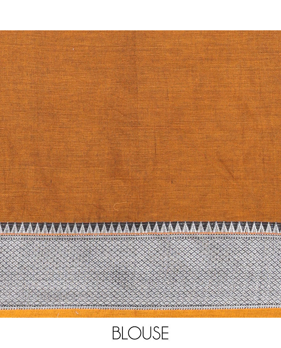 Brown cotton half saree with self zari design border, zari design blouse & plain, temple, checked design border dhavani