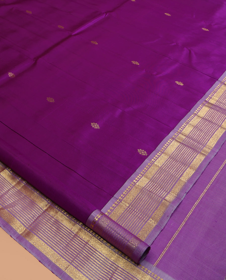 Purple Kanchipuram Silk Saree, Embellished with Zari Buttas, a Contrast One-Sided Border of Paneer Sombu, Banaras and Diamond Design, Zari Design Pallu, and No Blouse