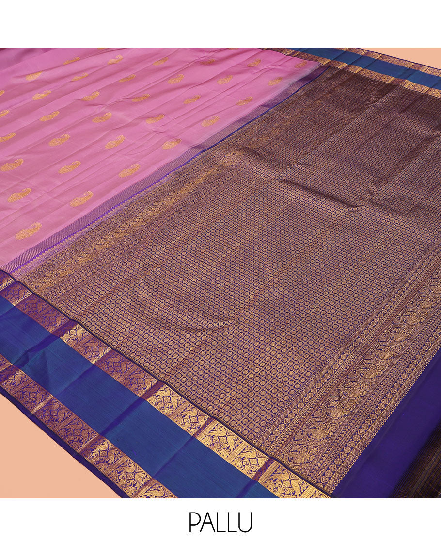Pink Kanchipuram Silk Saree, Bedecked with Zari Buttas, a Contrast Korvai Rettai Pettu Border of Kili Designs, Butta Enclosed Checked Pallu, and a Contrast Blouse