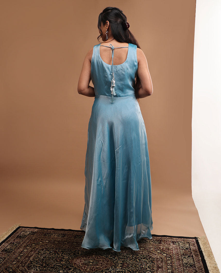 Blue embroidery round neck, sleeveless , floor lenght & embroidered dupatta