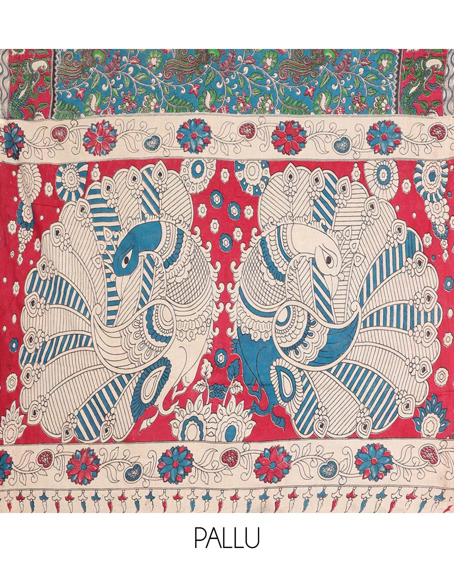 Blue Machine-Printed Kalamkari Cotton Saree Features Floral and Peacock, a Contrast Peacock Border, Kalamkari Printed Pallu, and a Contrast Blouse