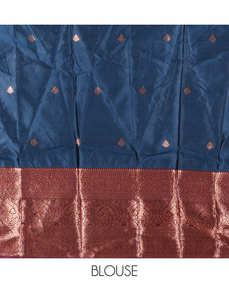 Blue taffeta silk half-saree, zari buttas with contrast traditional zari bordered skirt, matching zari design blouse, and contrast scallop buttas embroidered dhavani