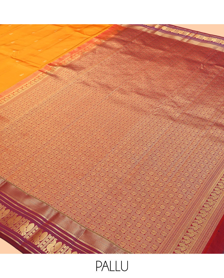Orange Vasundhara Lite Silk Mix Saree, Gleamed Up with Zari Buttas, Contrast Border of Banaras, Banaras, Muthu, and Mayil Designs, Mayil Pallu, and a Contrast Blouse