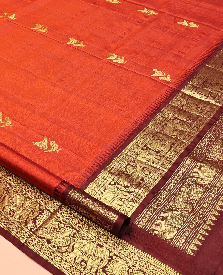 Rust Bird Buttas Venkatagiri Silk Saree, a Contrast Traditional Border, Jaal Pallu, Contrast Blouse