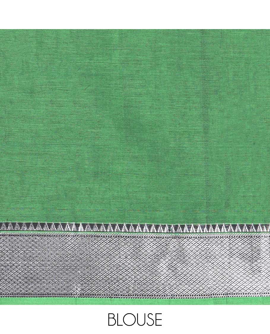 Green cotton half saree with contrast zari design border, zari design blouse & intricate zari design border dhavani