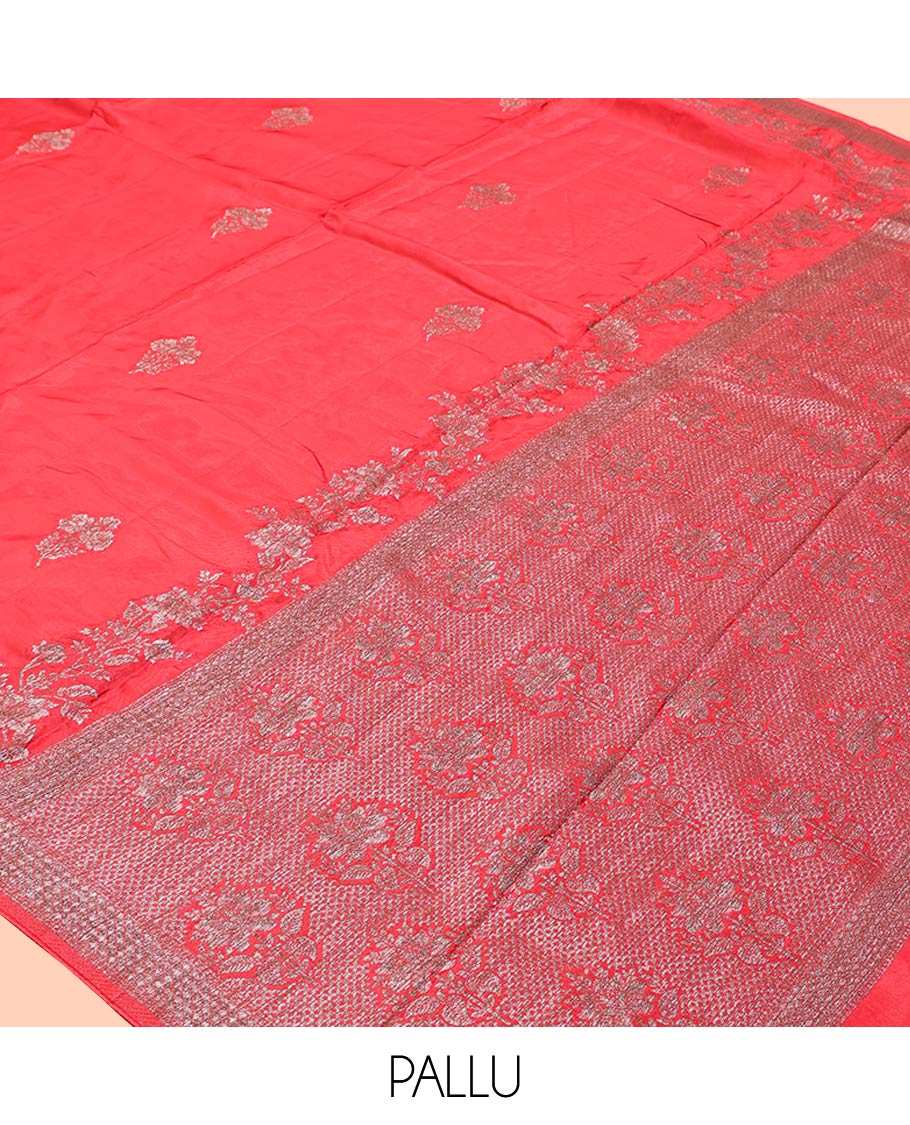 Red HO-Silk Saree, Adorned with Floral Zari Buttas All Over Its Body, Highlighted by Self-Border of Floral Creeper Designs, Floral Jaal Pallu and Paired with a Plain Blouse