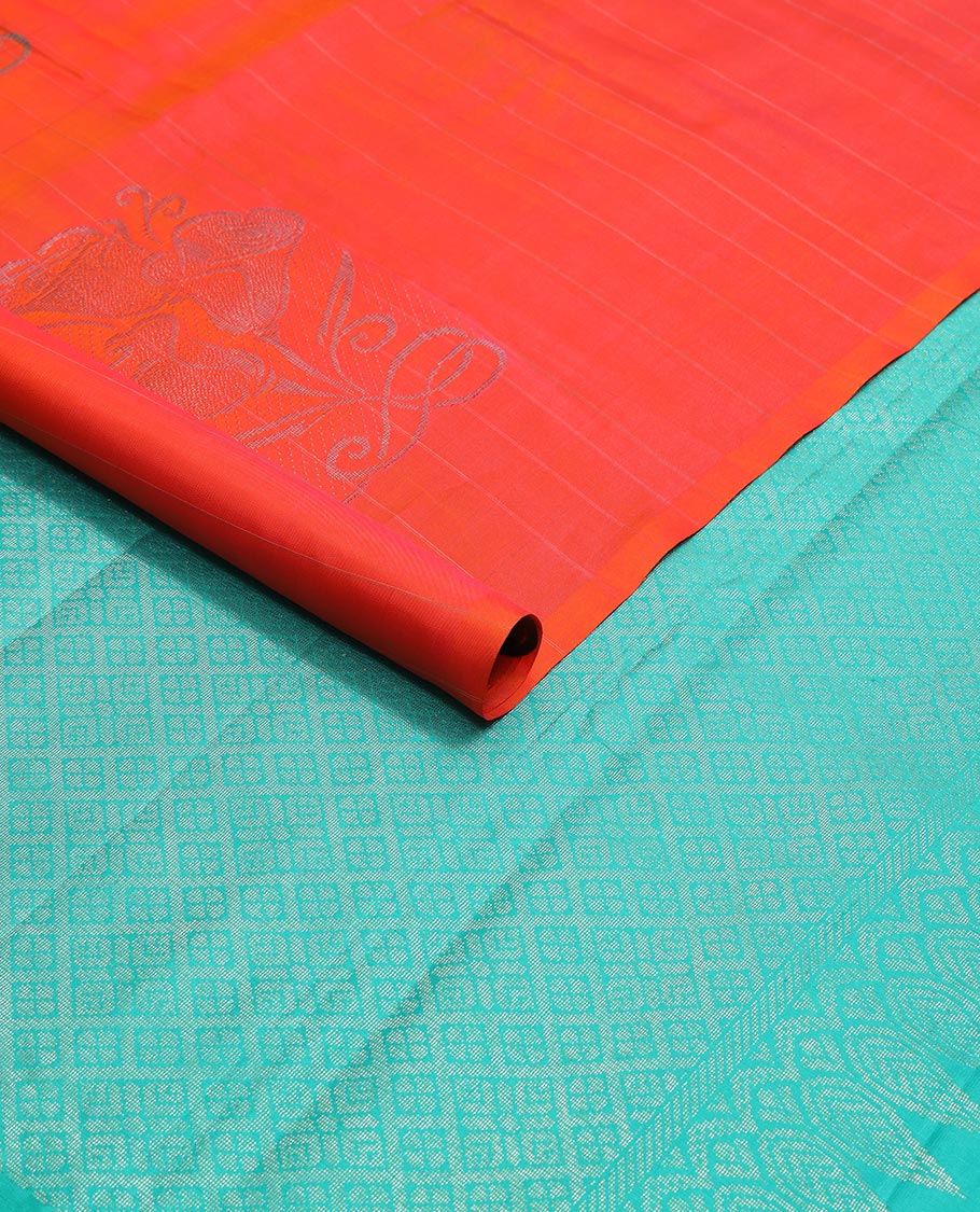 Orange striped, floral design kancheepuram silk sareee with geometric design pallu