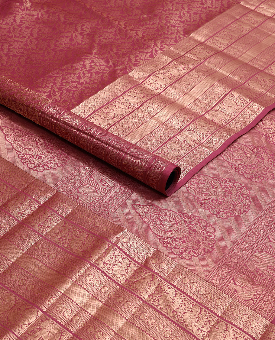 Maroon floral design kancheepuram silk saree with self border of rekku, muthu, banaras, mayil, yanai design & zari design pallu
