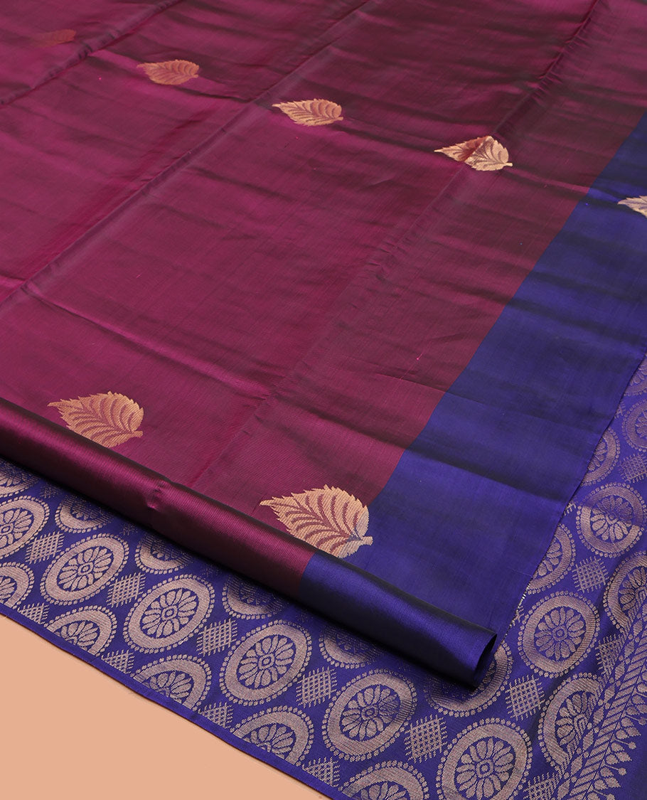 Purple Uppada Silk Saree, Prettified with Leaf Buttas, a Contrast Leaf Buttas Border, Intricate Pallu, and a Contrast Blouse