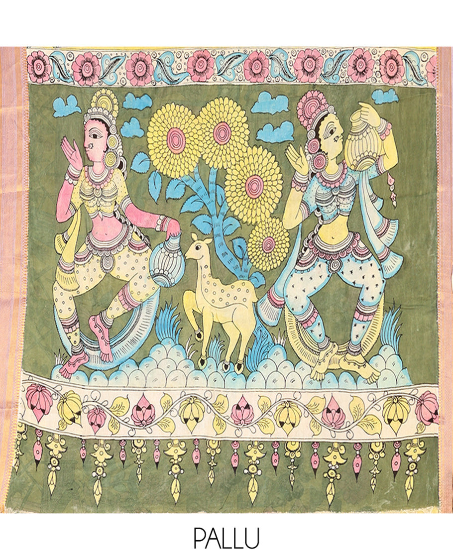 Lemon Yellow Kalamkari Silk Saree, Finely Crafted with Human Figurines, a Contrast Traditional Zari Border, Pallu of Kalamkari Human Motifs, and a Contrast Blouse