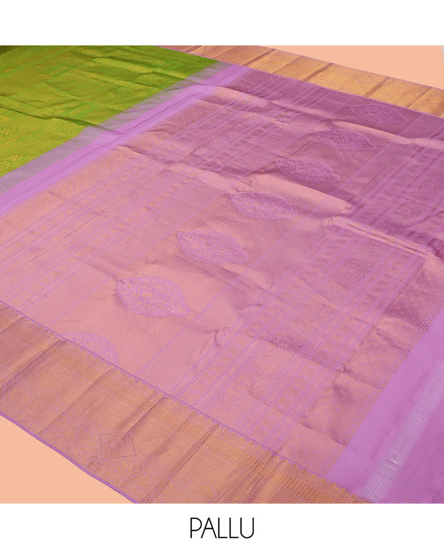 Green Kanchipuram Wedding Silk Saree, Finely Crafted with Jacquard Design, a Contrast Traditional Zari Border, Grand Pallu, and a Contrast Blouse