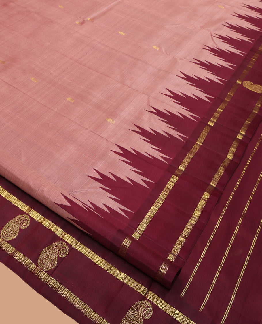 Pale Brown Kanchipuram Silk Saree, Woven with Zari Buttas, Complemented by a Contrast One-Sided Thazampoo Rekku Border of Manga Designs, Zari Woven Pallu, and a No Blouse