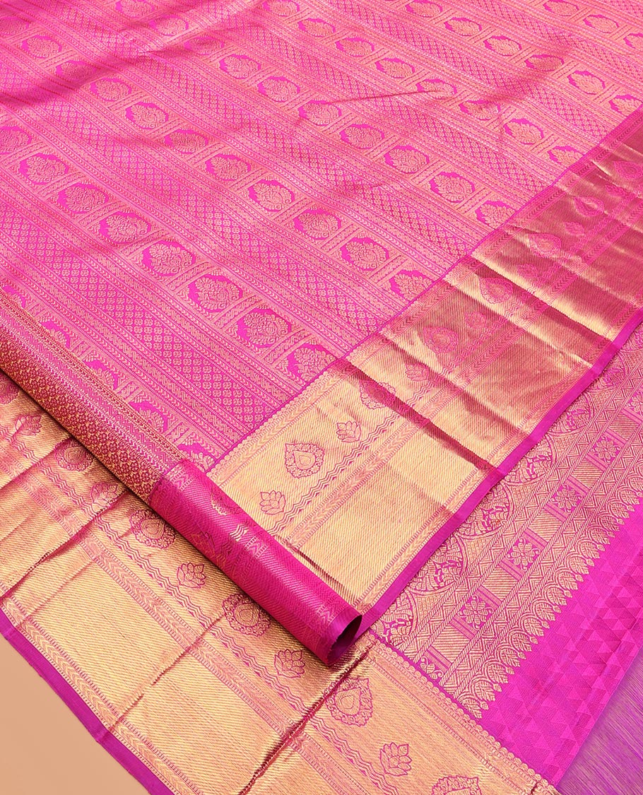 Pink Kanchipuram Wedding Silk Saree, Ornamented with Jacquard Design, a Traditional Zari Border, Grand Pallu, and a Matching Blouse