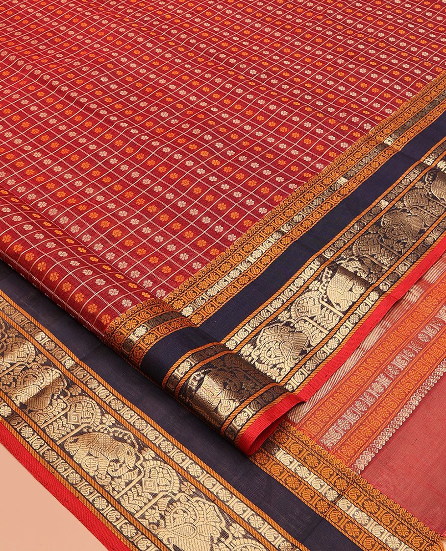 Red Buttas-Checked Kuppadam Silk Saree, a Contrast Double-Pet Peacock-Elephant Border, Grand Pallu, Matching Blouse
