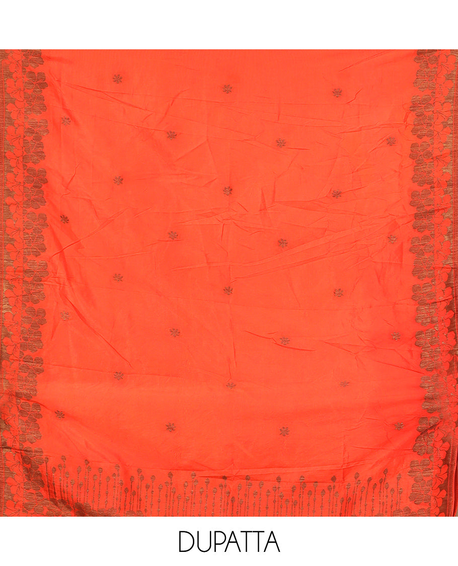Orange Semi Silk Material Chudidar Set, Adorned with Copper Zari Intricate Design Woven Top, a Santoon Bottom, Matching Dupatta