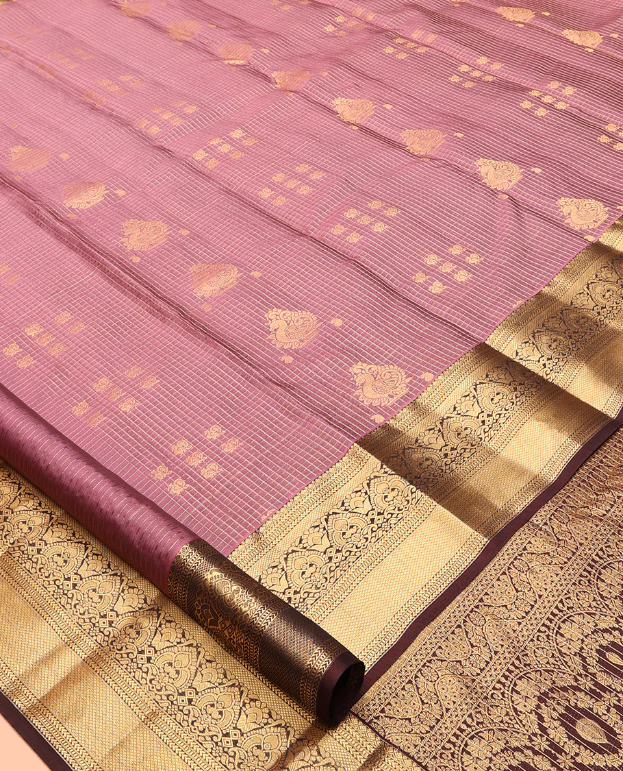 Pink Vasundhara Lite Silk Mix Saree, Enriched with Butta Enclosed Checks, a Contrast Border of Thilakam, Kathir, Muthu, and Mayil Kann Designs, Grand Pallu, and a Contrast Blouse