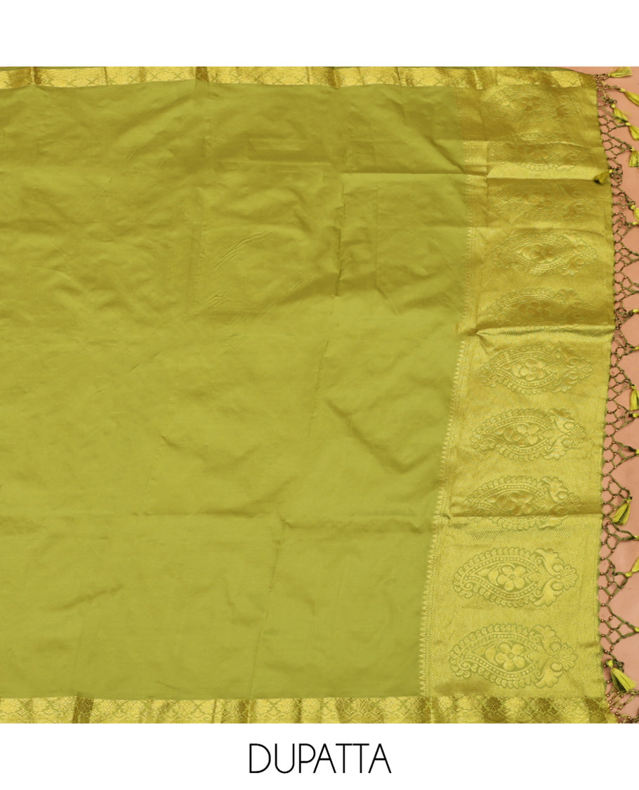 Peach Art Silk Material Half Saree Set, Delicately Woven with Jacquard Design Skirt, a Contrast Traditional Zari Design Border, Contrast Blouse, and an Intricate Dhavani