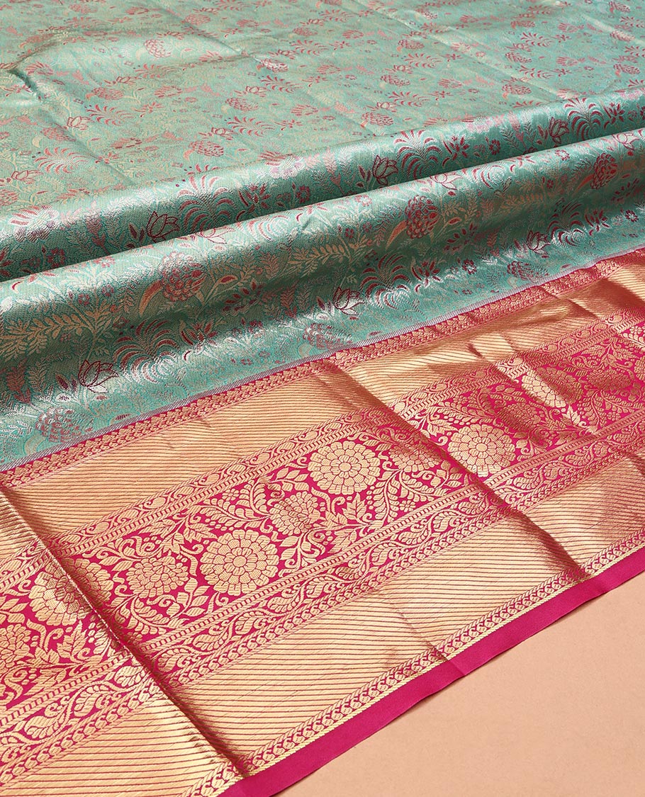 Blue Art Silk Half-Saree, Elegantly Highlighted with Jacquard Design, Contrast Traditional Zari Border, Paired with a Contrast Jacquard Blouse, and an Intricate Dhavani