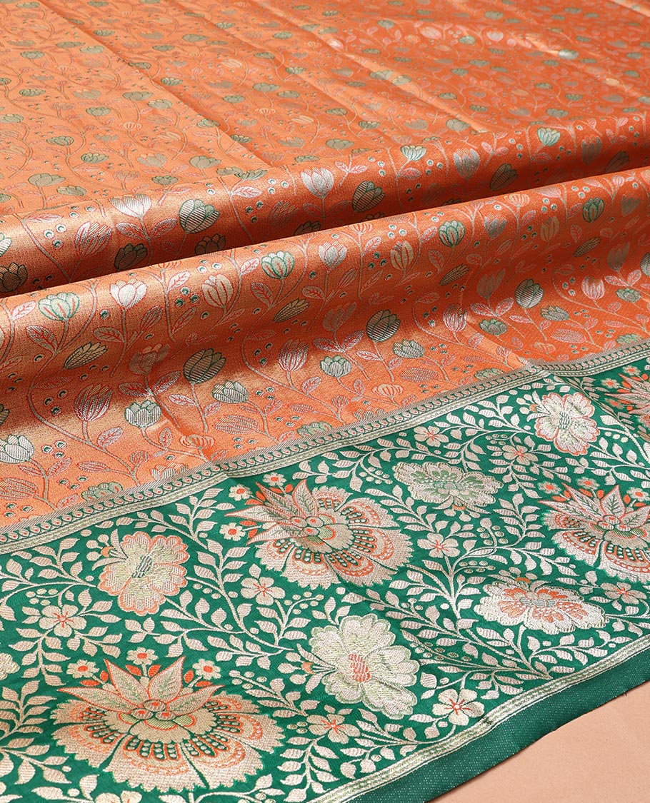 Orange Art Silk Half-Saree, Bedecked with Jacquard Design, Contrast Floral Zari Border, Paired with a Contrast Jacquard Blouse, and an Intricate Dhavani