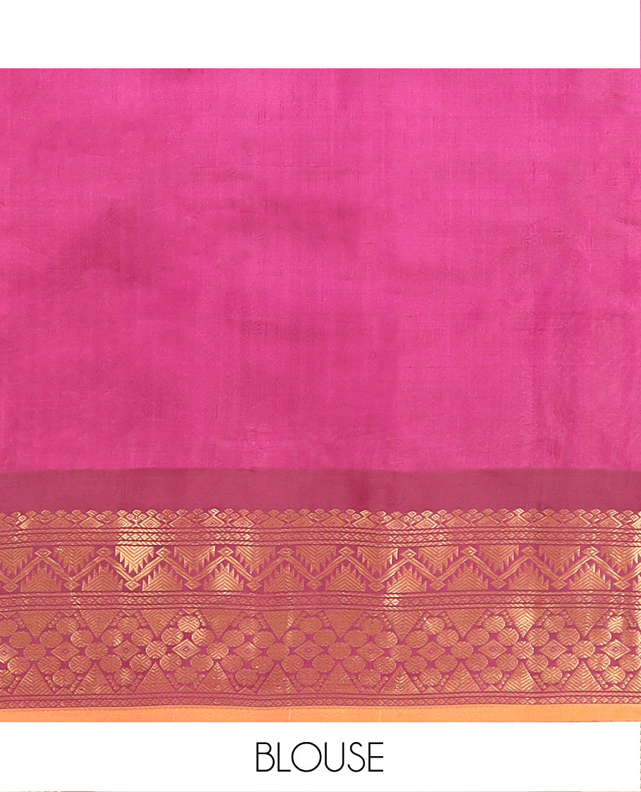 Pink Gadwal Saree Bedecked with Zari Buttas, Contrast Border Steeped with Traditional Zari Designs, Pallu of Jaal Design, and a Contrast Blouse Highlighted with Zari Border