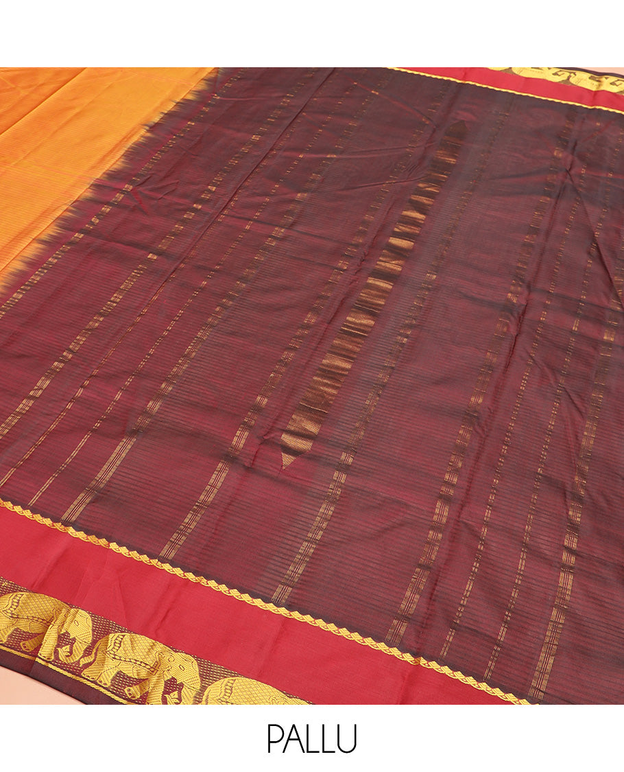 Orange Vazhaipoo Striped Kanchipuram Silk Saree, Complemented by Contrast Rettai Pettu Border of Thilakam Mokku, and Yaanai Designs, Pallu Subtly Woven in Stripes, and Paired with a Contrast Blouse