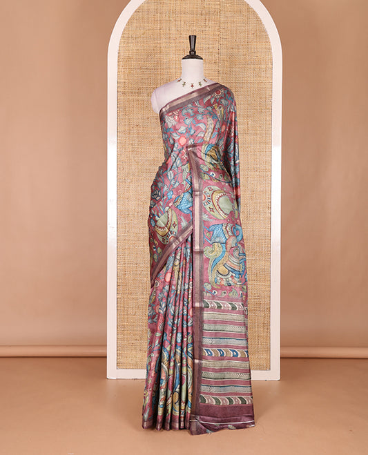 Pink-base multi-color kalamkari floral-vine and peacocks printed semi-tussar saree, gold zari piping border, kalamkari printed pallu, and contrast printed blouse